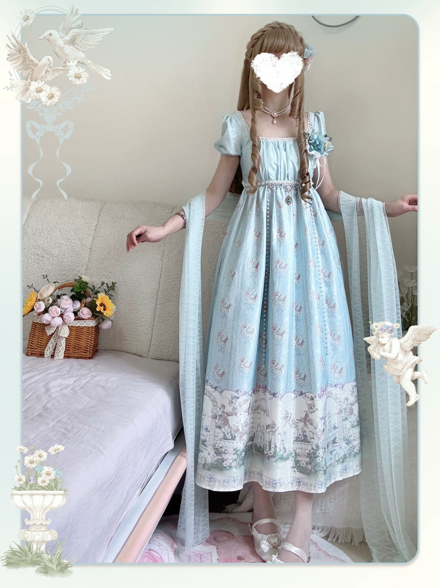 Cat Upon Cat - Angel Garden - Empire-Waist One-Piece Dress with a Garden Scene Hem