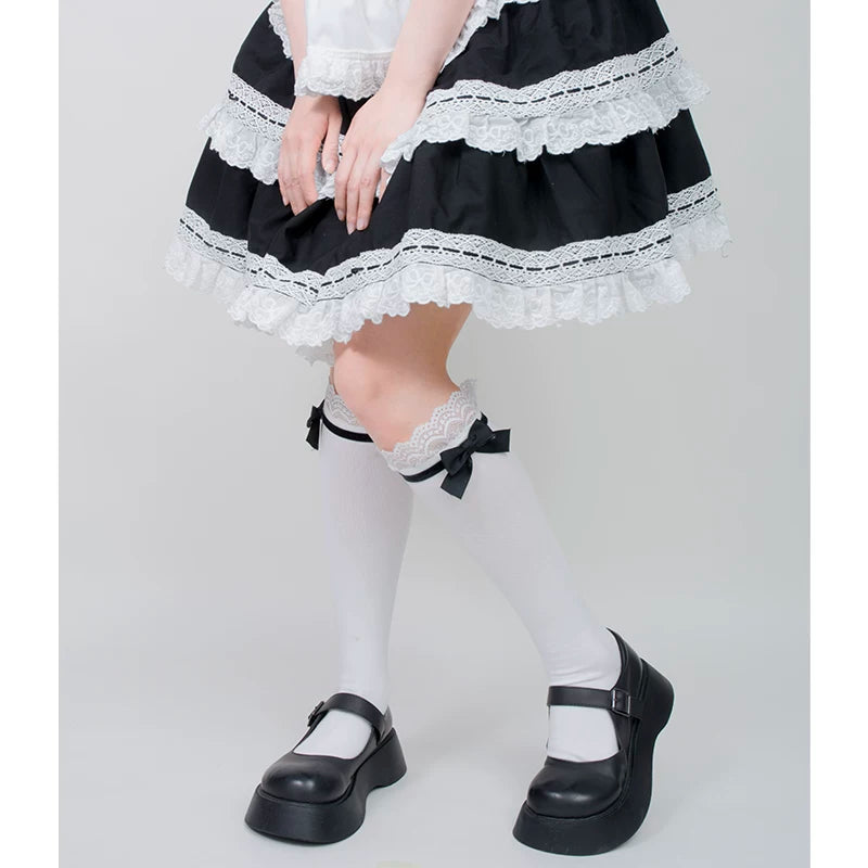 roji roji - Doll Bow Lace - Black or Pink Lace-Trimmed Socks in Three Lengths