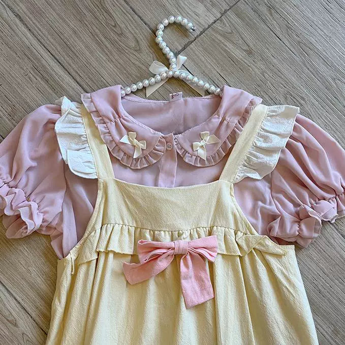 Apricot short-sleeve Lolita blouse with ruffled collar and fabric bows