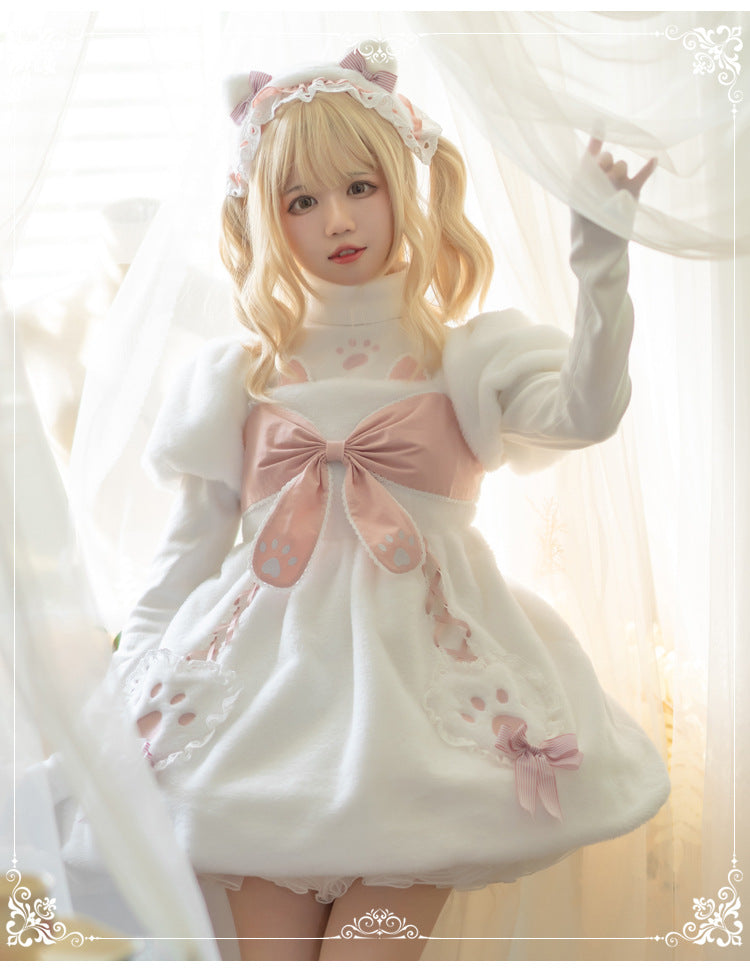Eieyomi - Cat Planet - White-and-pink Lolita OP dress with cat-claw bows - product detail 12