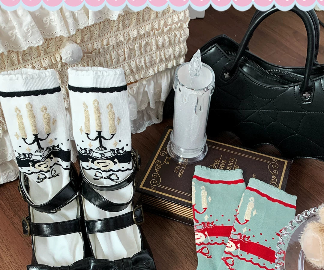 roji roji - Candle Motif - Cotton Mid-Calf Socks with Candelabra and Bow Details