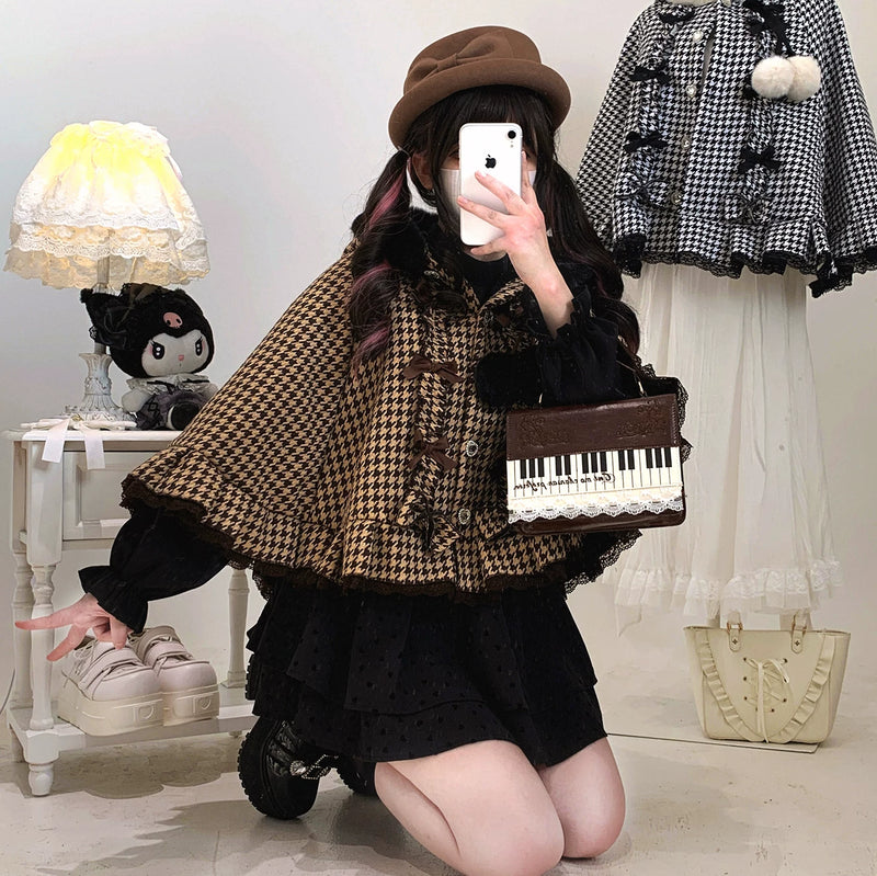 KittyBxllet Pompom Sweetheart Houndstooth Hooded Cape — additional product view