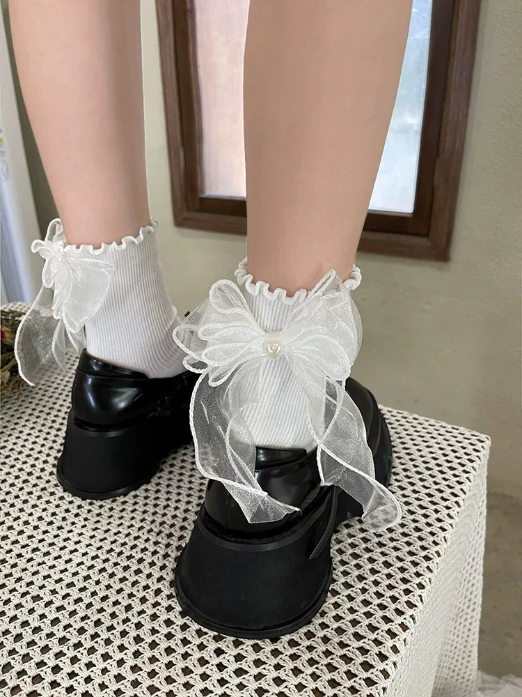 Sock Noble - Heart Bow - Sheer-Bow Ankle Socks with Heart Detail