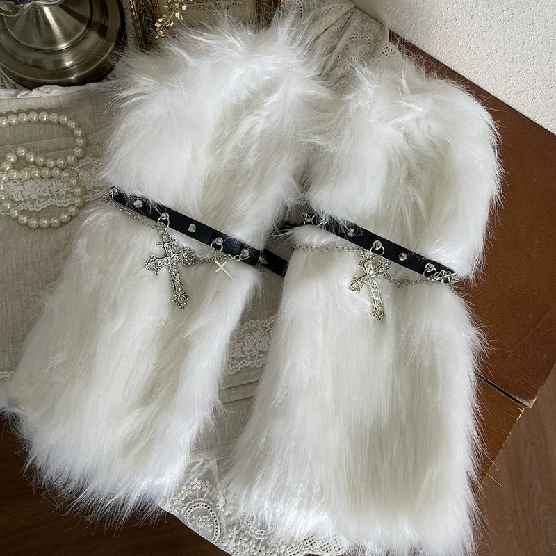 Gray furry long sock covers with chain and cross charms over tights