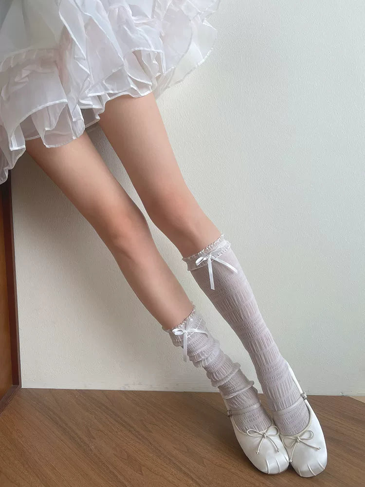 Sock Noble - Organza Bow - Sheer Mid-Calf Socks with Organza Lace Trim
