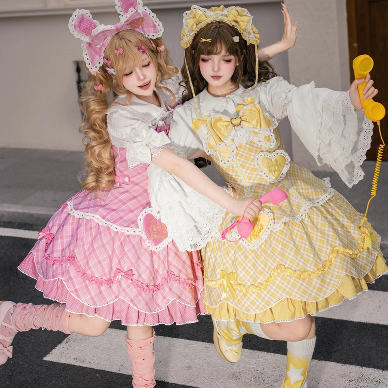 Star Fantasy - Shibuya Sweetheart - Checked OP Dress with Heart Appliqués and Lace Trim