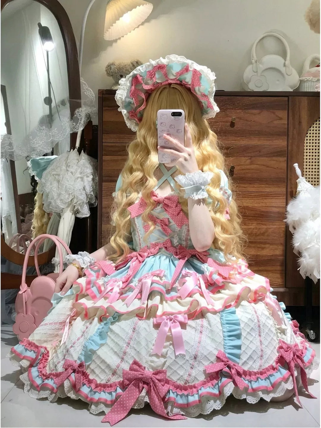 Creamy mint, pink and ivory OP dress set with layered ruffles, bows, train and coordinating hat