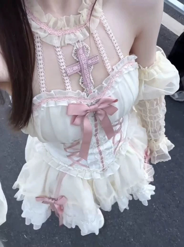 Creamy - Pink Cross Halter - Pink Gothic Lolita Dress with Bow Trim
