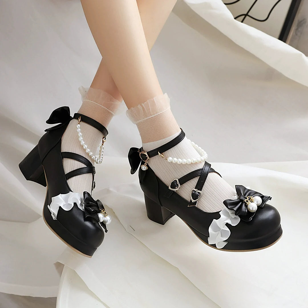 Yana - Round Toe Pearl Chain - Sweet Lolita shoes with a detachable pearl chain and bow - product detail 2