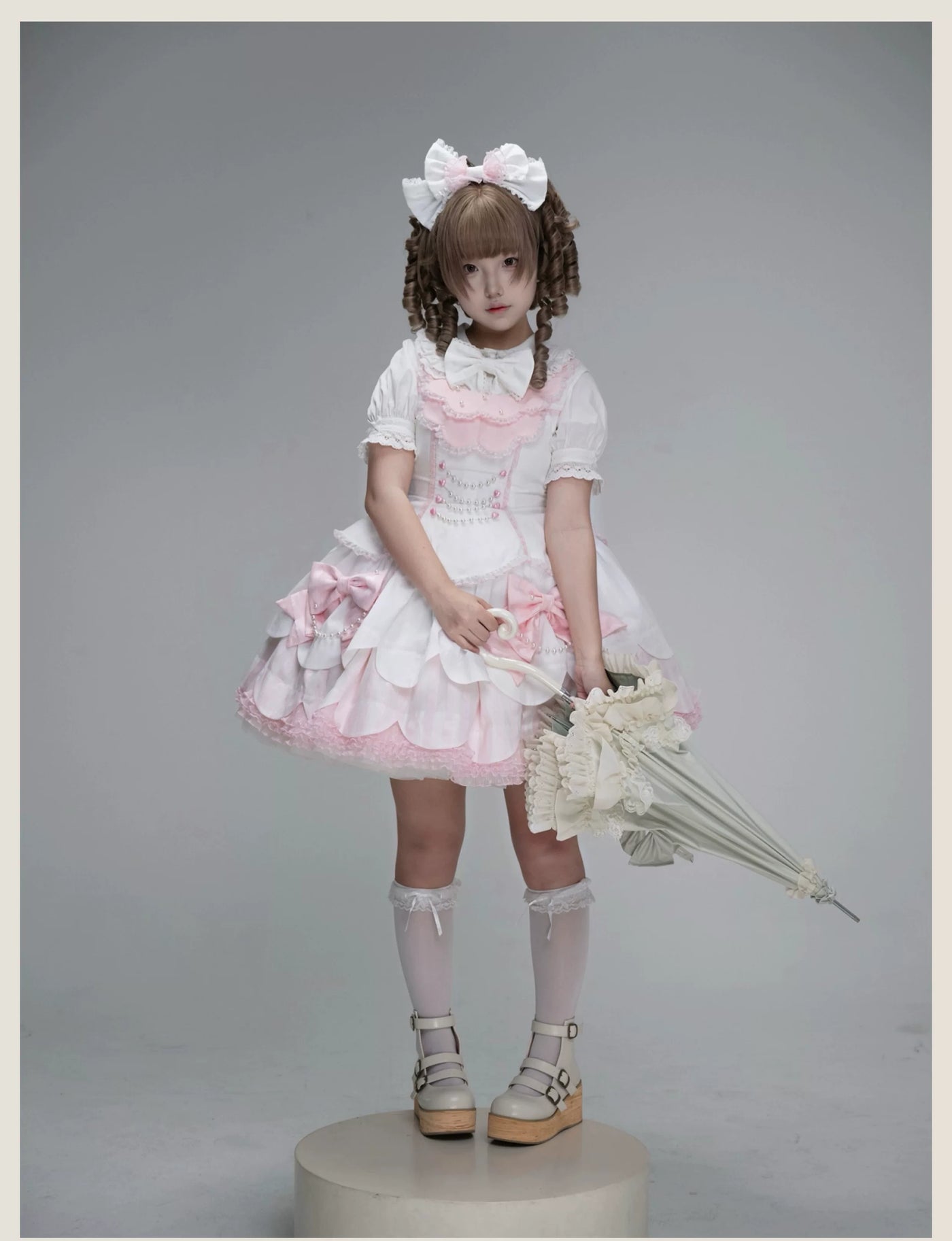 Tata Long Ear - Pearl Princess - White-and-Pink JSK Dress with Pearl Details and Scalloped Layers