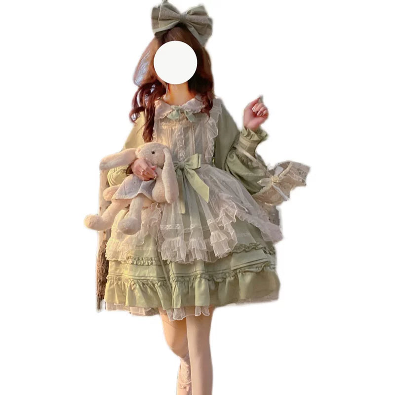 Lady Han Lolita Tower cute OP dress in pastel colors with lace and bow details, perfect for a charming, elegant Lolita fashion look.