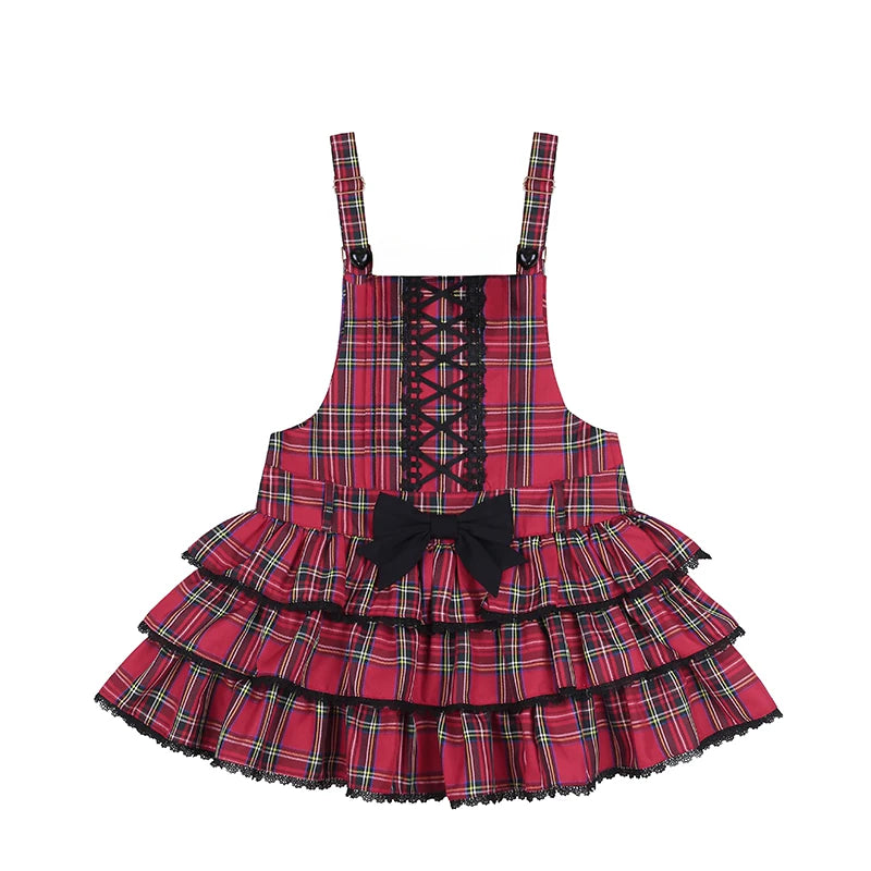 Dear Dolls Christmas Velvet Tiered JSK & Cat Cape Options — C8816 Red Plaid Pinafore Dress