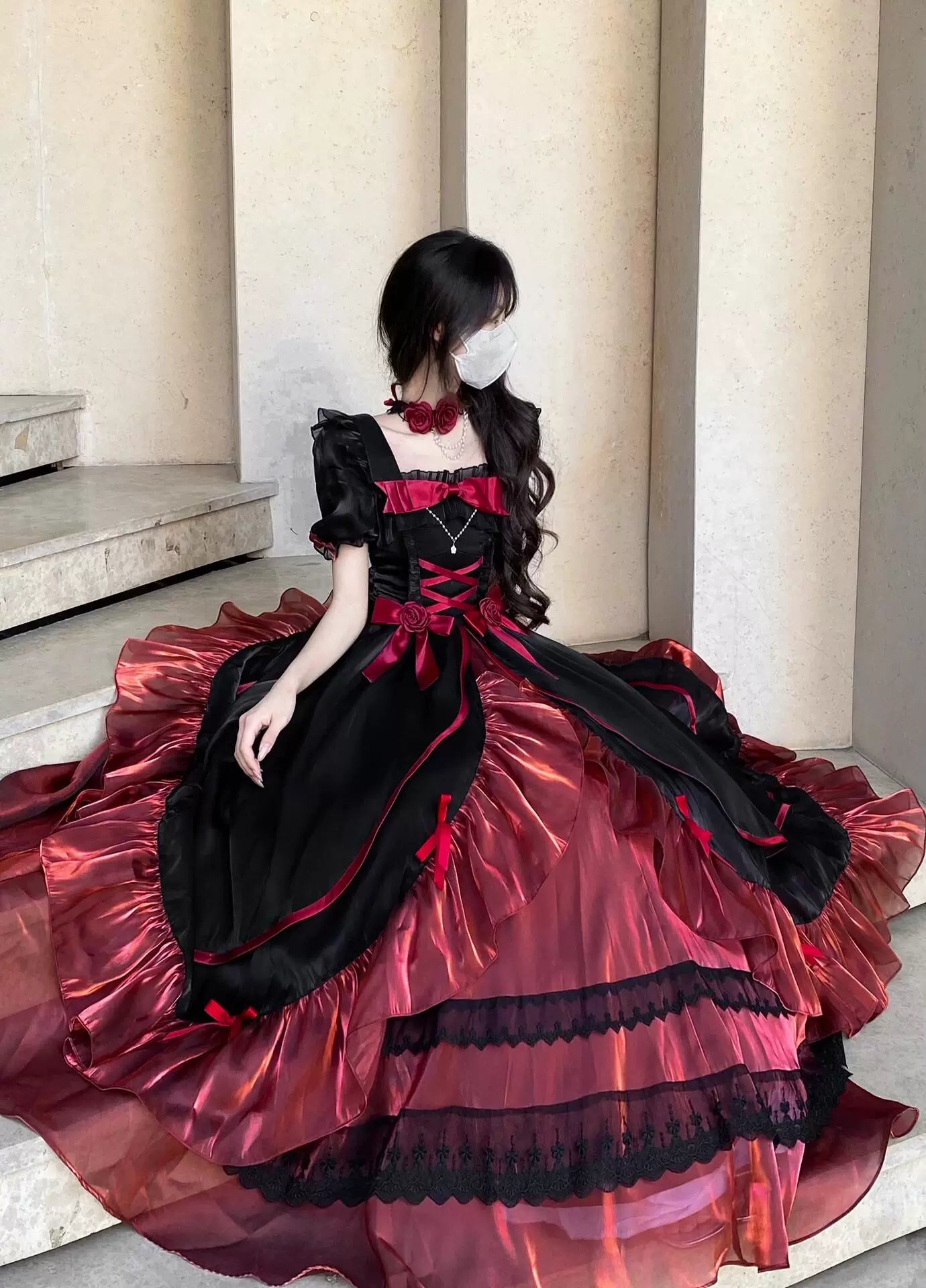 Creamy - Black-Red Rose - OP Dress Set with Bow and Back Train