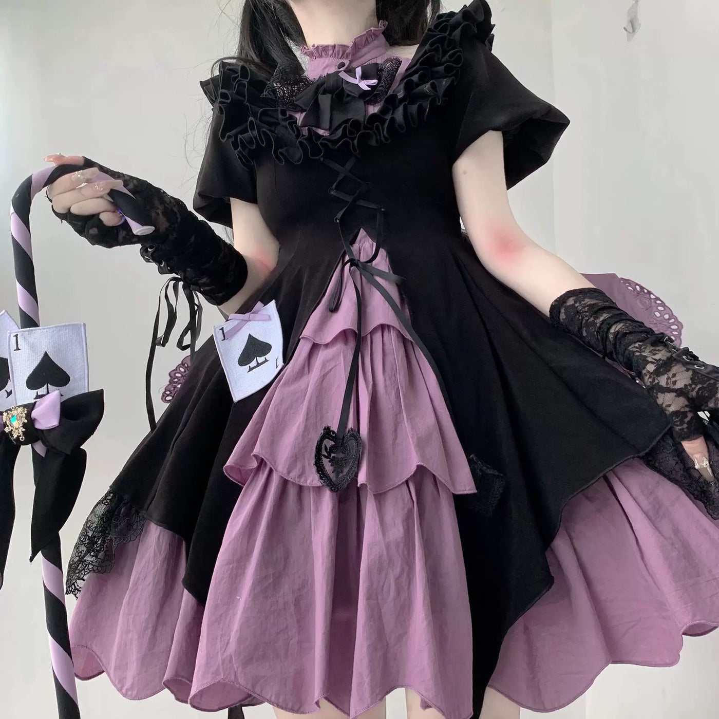 Creamy - Black-Purple Magic Girl - High-Waist One-Piece Dress Set