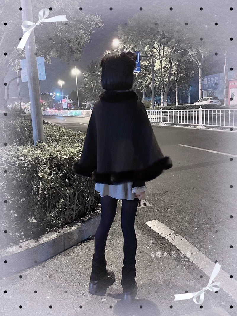 Mian Plush Cropped Lolita Shawl - Regular & Thick Versions — Black - Lightweight Spring Version