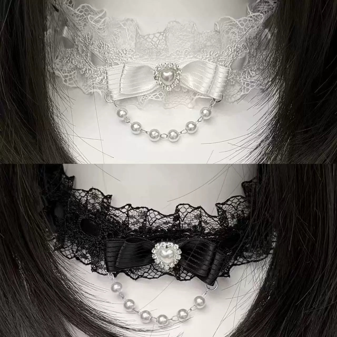 Creamy - Butterfly Pearl - Lace Choker Necklace with Bow Detail