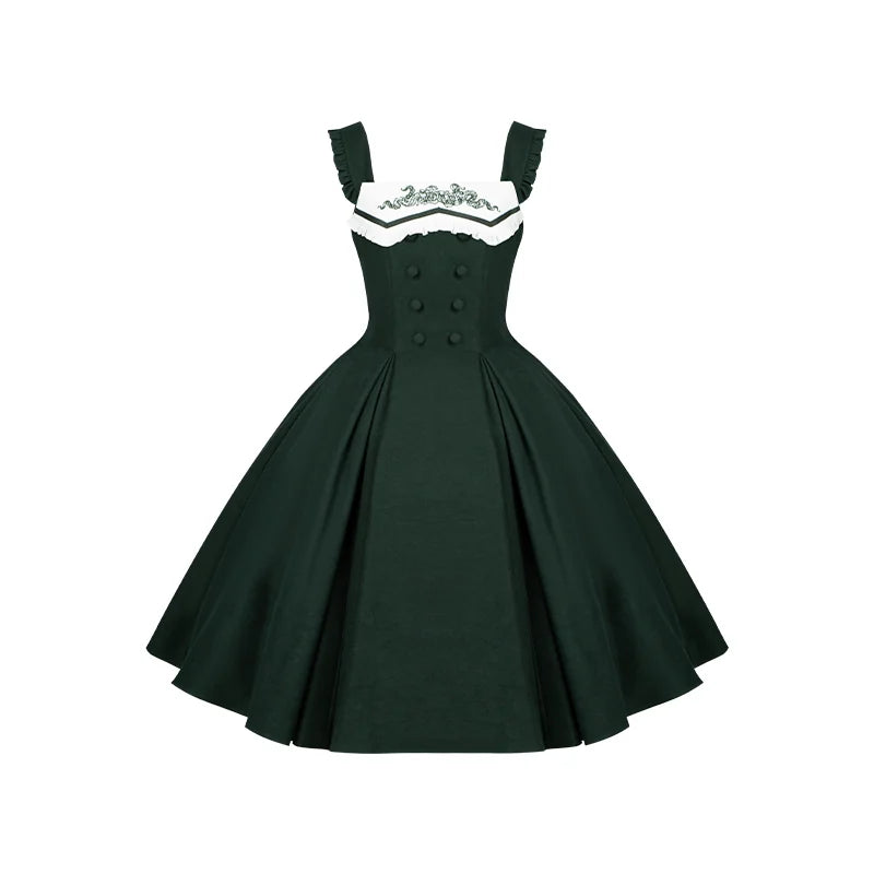 With PUJI - Abyss Clinic - Gothic Lolita Green Dress Set, Embroidery Accent detail view 7