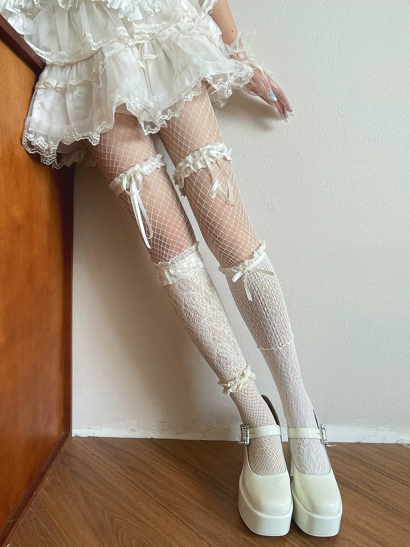 Sock Noble - Cream Lace Patchwork - Mid-Calf Layered Hosiery with Lace, Bow and Fishnet Details