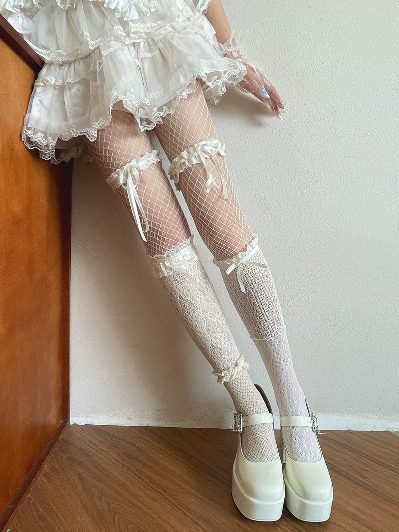 Sock Noble - Cream Lace Patchwork - Mid-Calf Layered Hosiery with Lace, Bow and Fishnet Details
