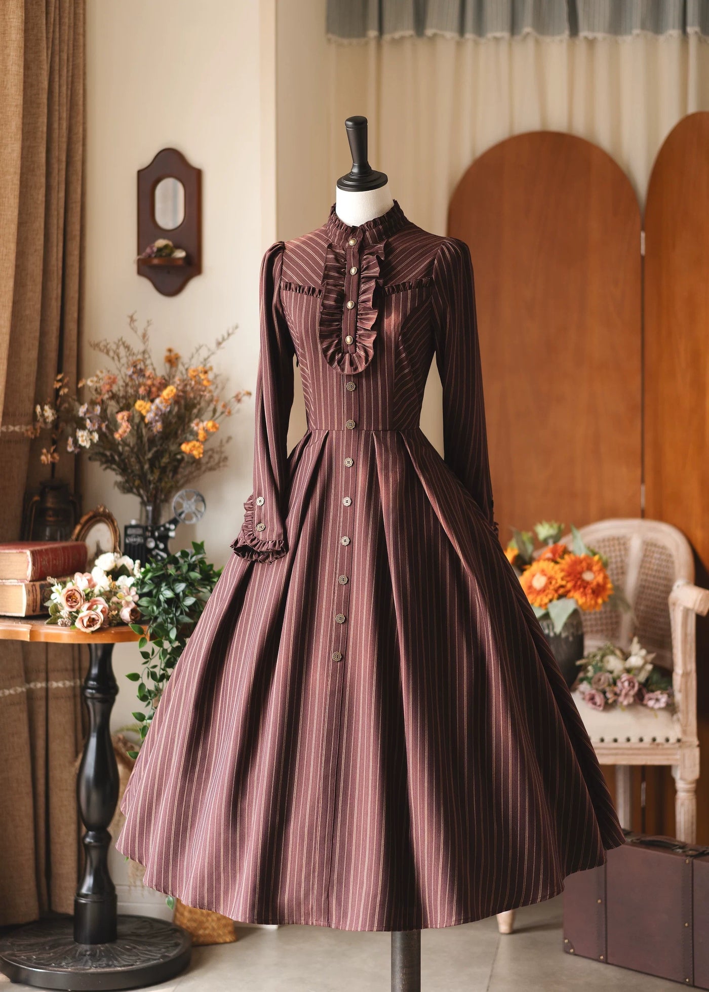 Forest Wardrobe - Forest Castle - Classic Lolita Long Striped Dress, Irregular Hem Vest
