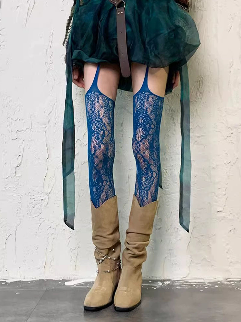 Fantasy Doll - Floral Openwork - Suspender-Style Lace Tights with Thigh Straps