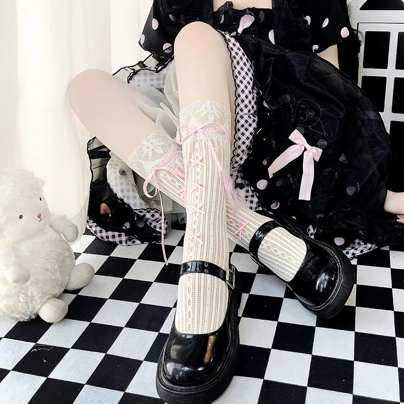 Floral Milk Cat - Ribbon Lace - Thin Lace Calf Socks with Tie Details