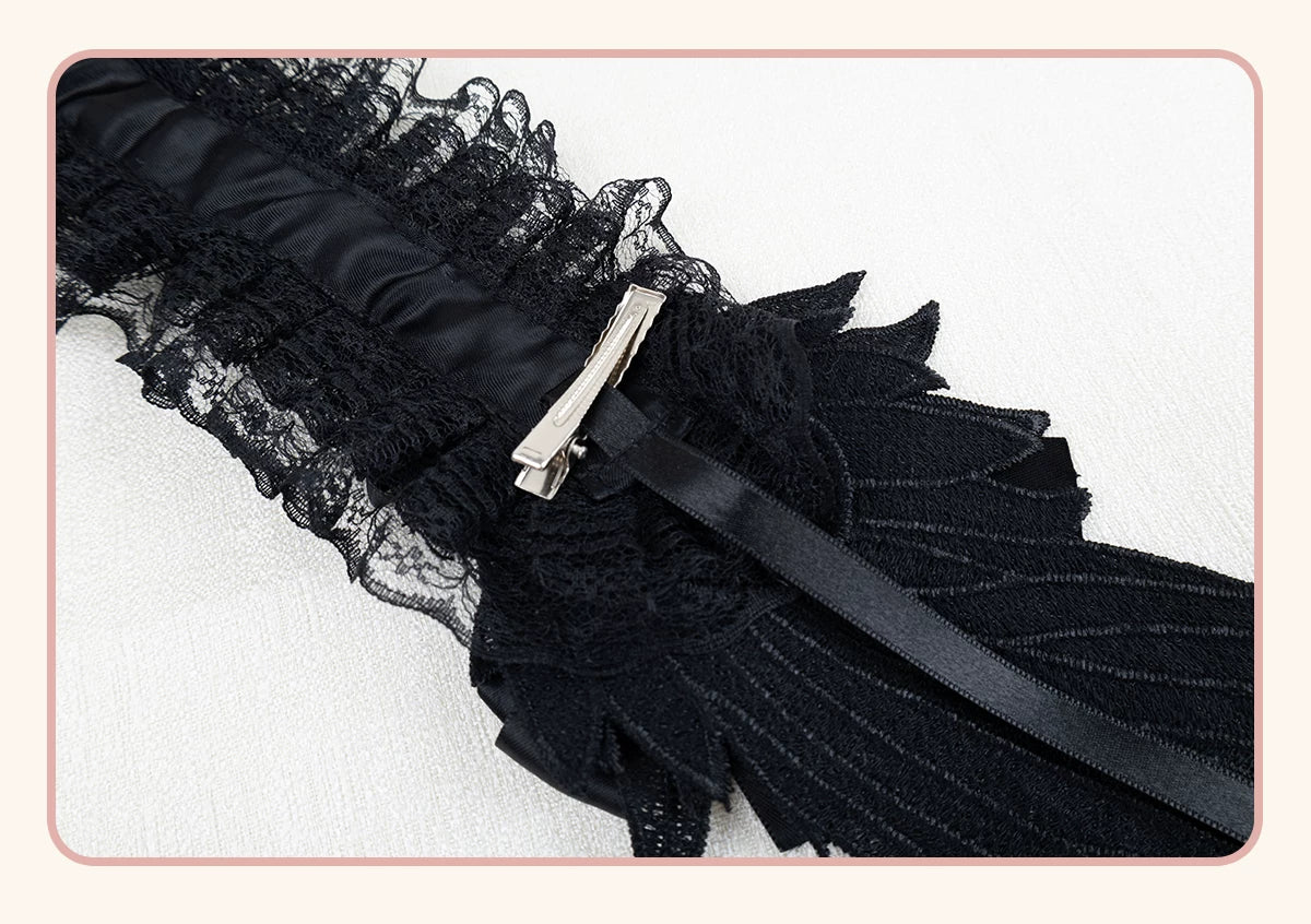 Stardust Rose - Winged Cross - Black-and-White Lace Headband with Wings and Cross Details