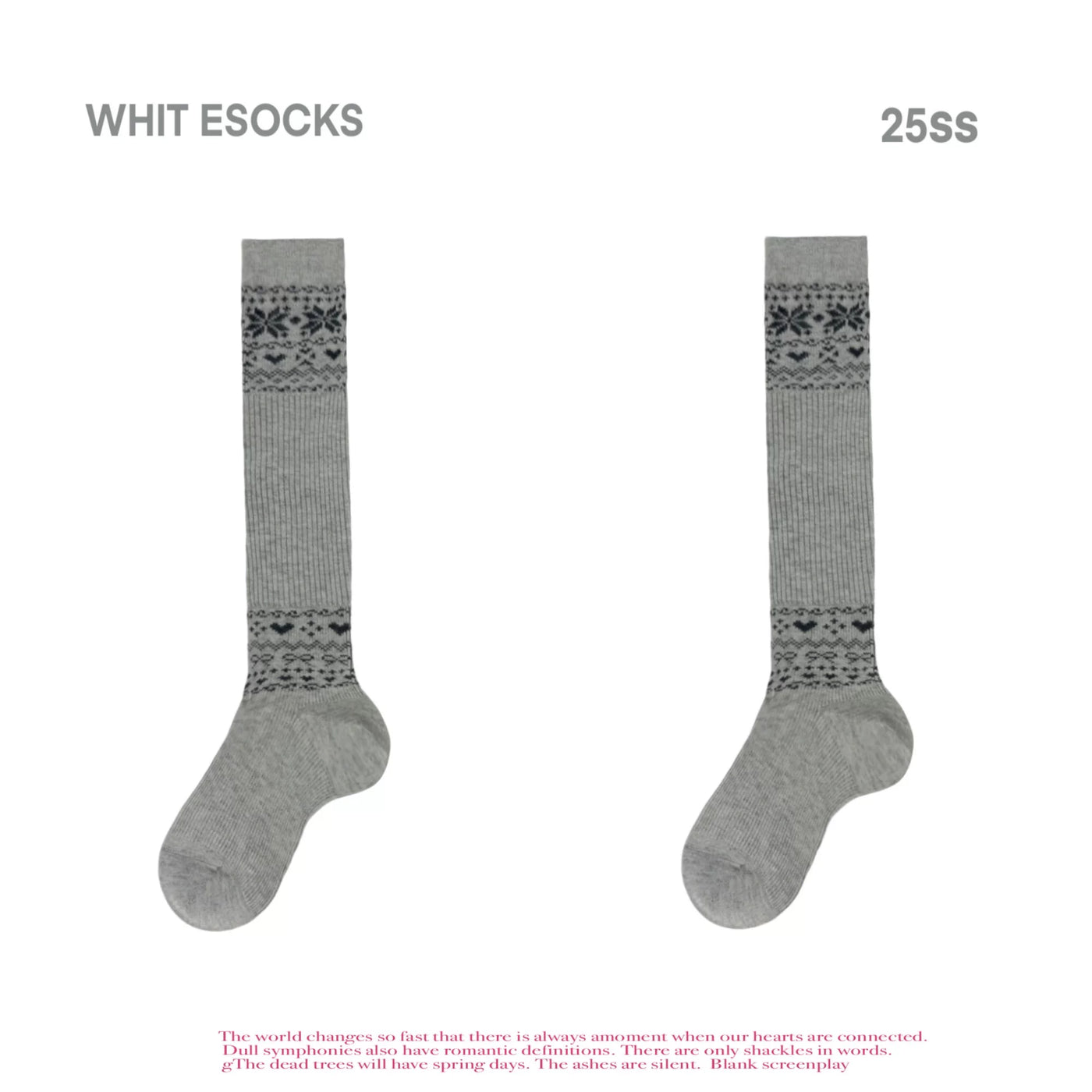 White Socks - Nordic Gray - Mid-Calf Slouch Socks with Fair Isle-Style Bands