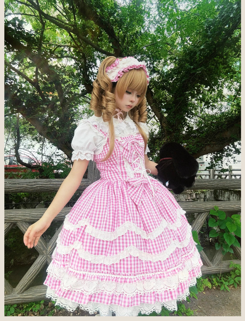 TaTaTa Lolita - Plaid Baileys - Pink Gingham JSK Dress with Petal Ruffles - product detail 7