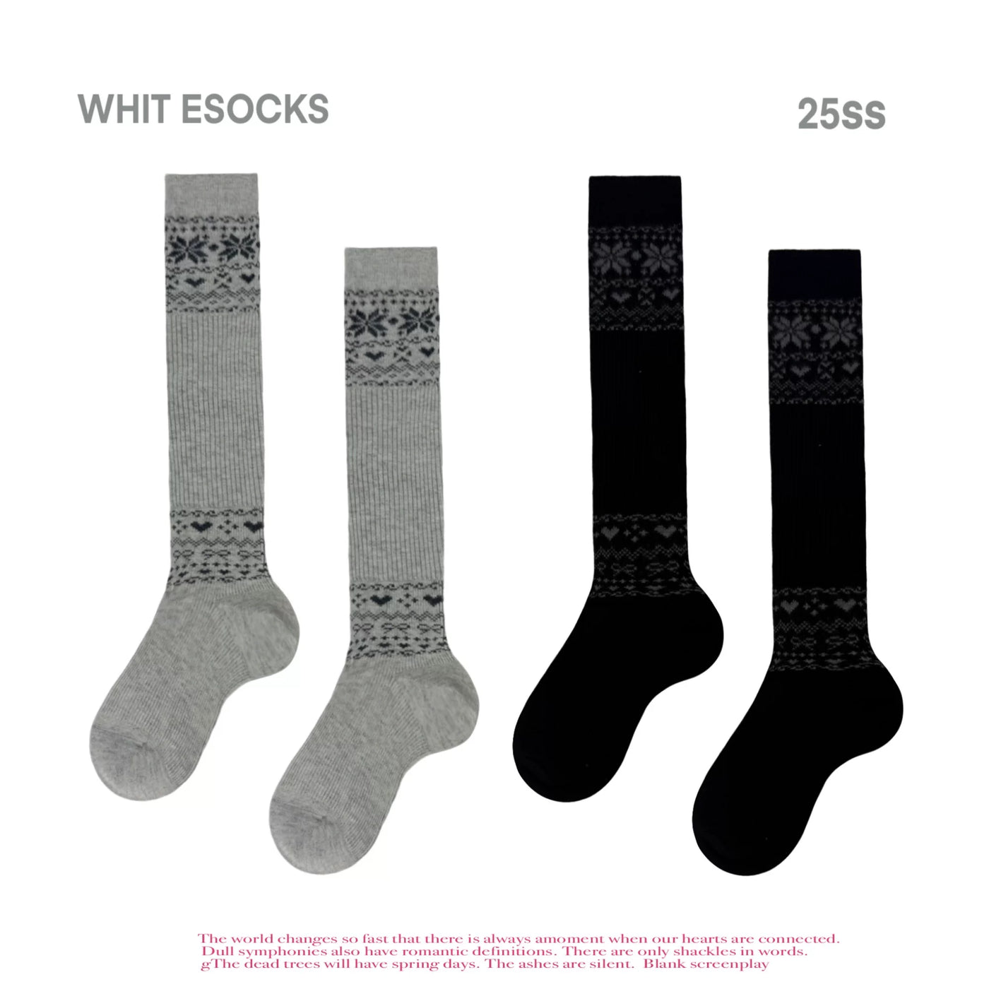 White Socks - Nordic Gray - Mid-Calf Slouch Socks with Fair Isle-Style Bands