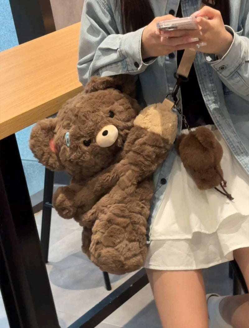LambGuli - Little Bear Guli - Plush Bag with Crossbody and Backpack Carry, Prone Bear Silhouette