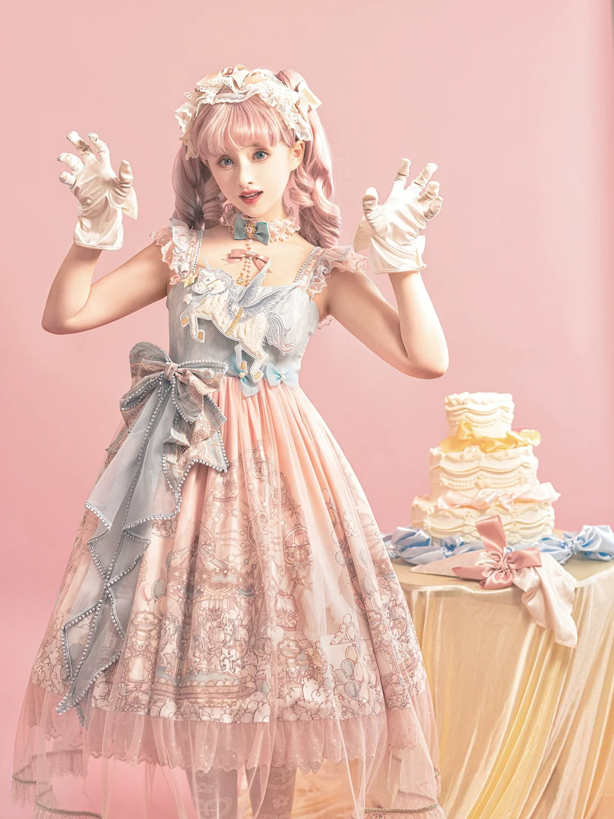 Designer's Gift - CloudPlay - Pastel Sweet Lolita JSK dress with carousel print and detachable waist bows - product detail 3