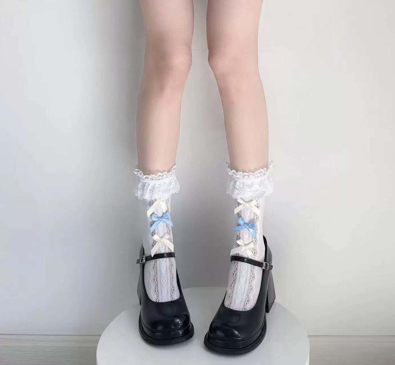Fantasy Doll - Heart Jacquard - Mid-Calf Socks with Lace and Bow Details
