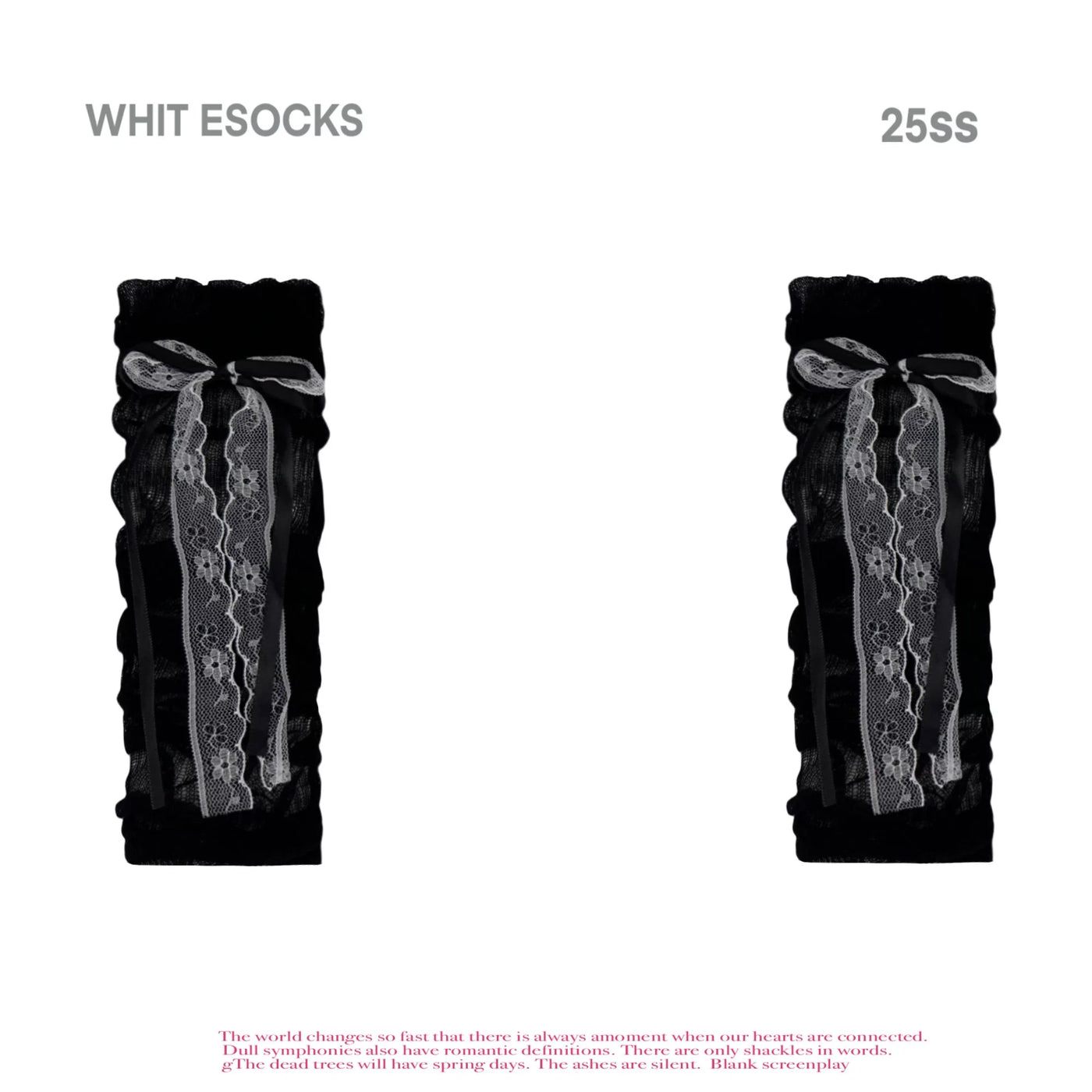 Close-up styling of thin gathered socks with vertical stripe texture and ribbon ties.