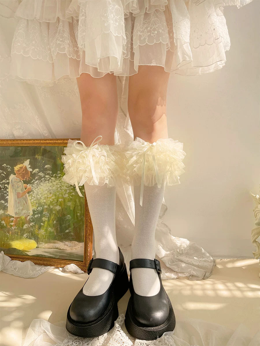 Sock Noble - Cake Doll - Mid-calf socks with pleated mesh ruffles and floral lace