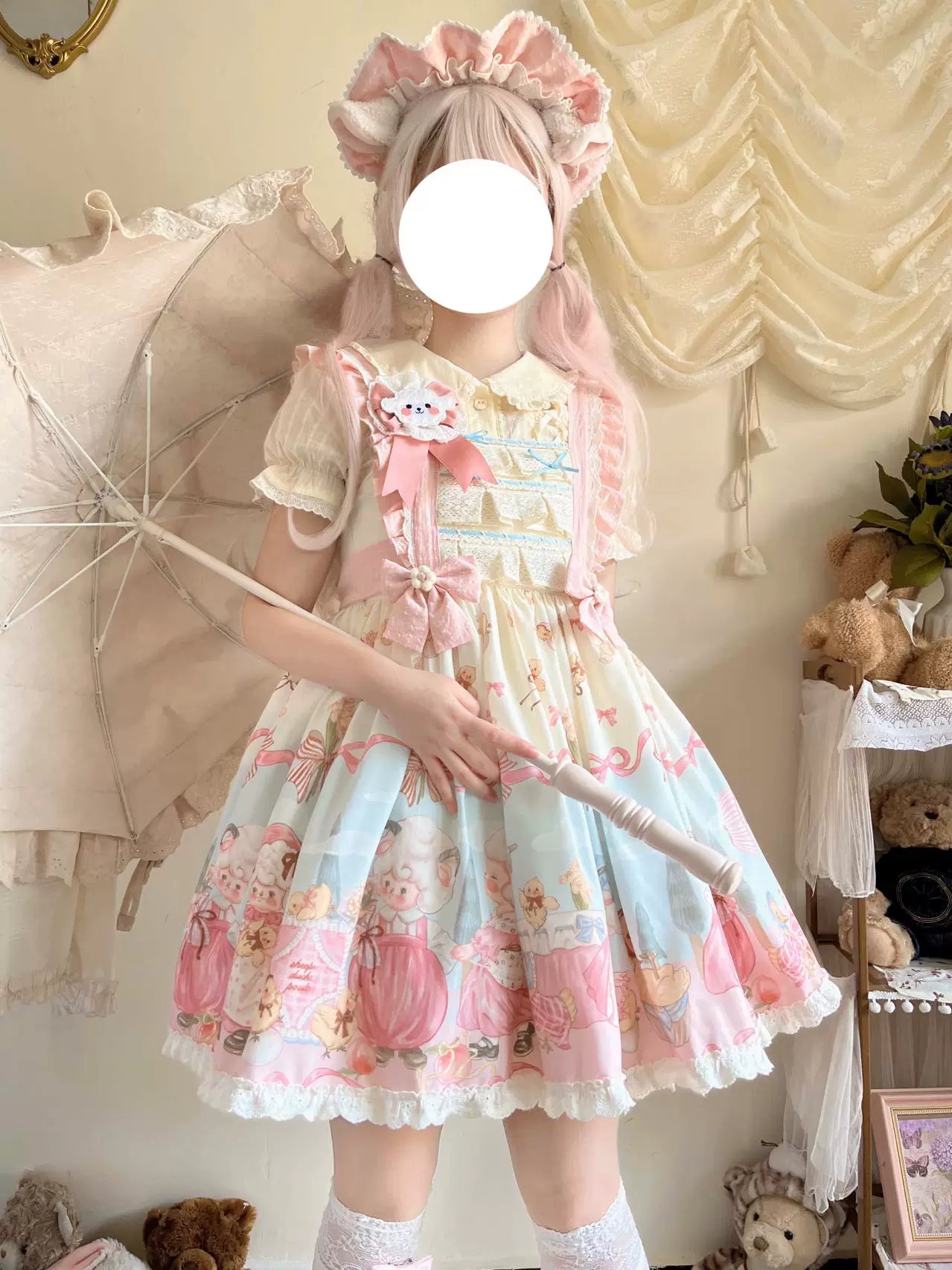 Cat Upon Cat - Sheep Waltz - Printed JSK with a Lace-Trimmed Hem