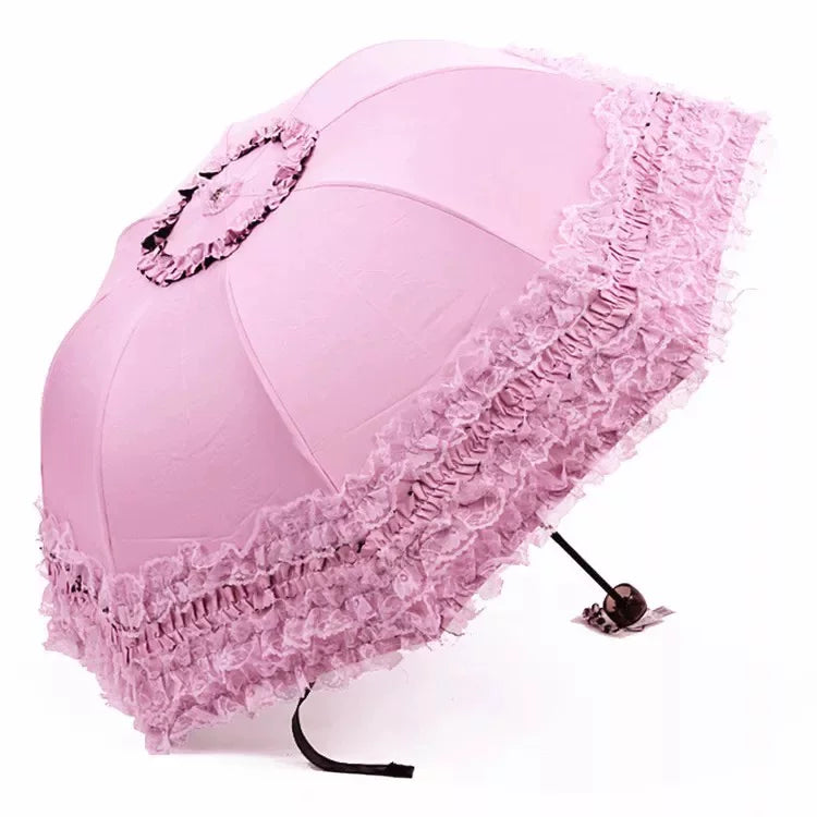 Qiteng - Foldable Lolita Parasol - One-size Lolita parasol with lace or floral-and-embroidery detail