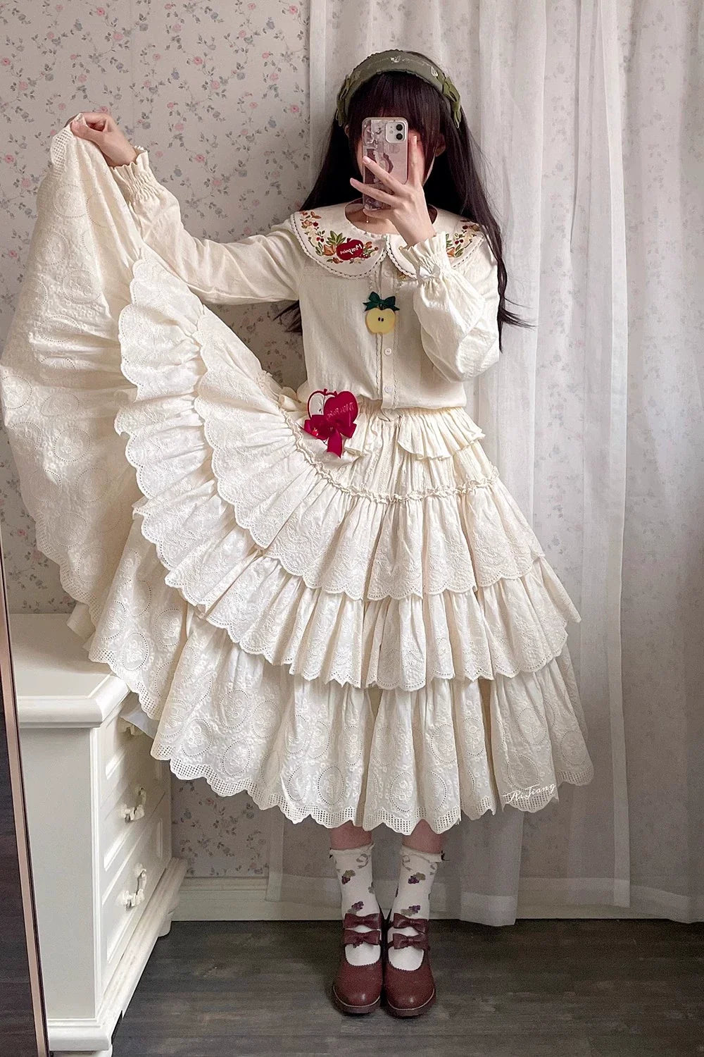 Miss Point - Chubby Fox in the Forest - Customized Lolita Skirt Embroidery Lace Cotton Lolita Skirt