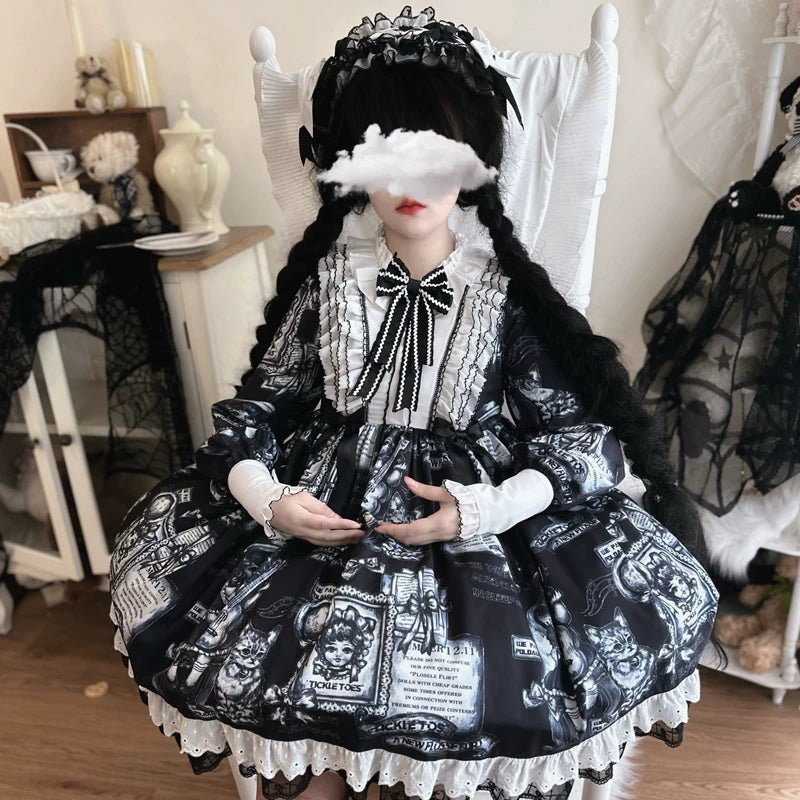 Lady Han Antique Cat Gothic Lolita OP dress featuring black fabric with cat-themed embroidery and lace details.