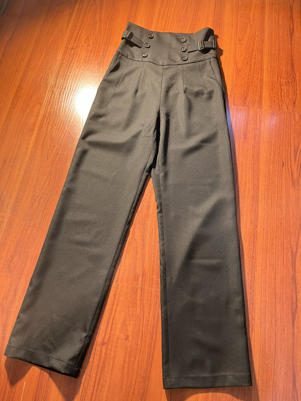 Black straight-cut Ouji pants with a double-button waist and side zipper.