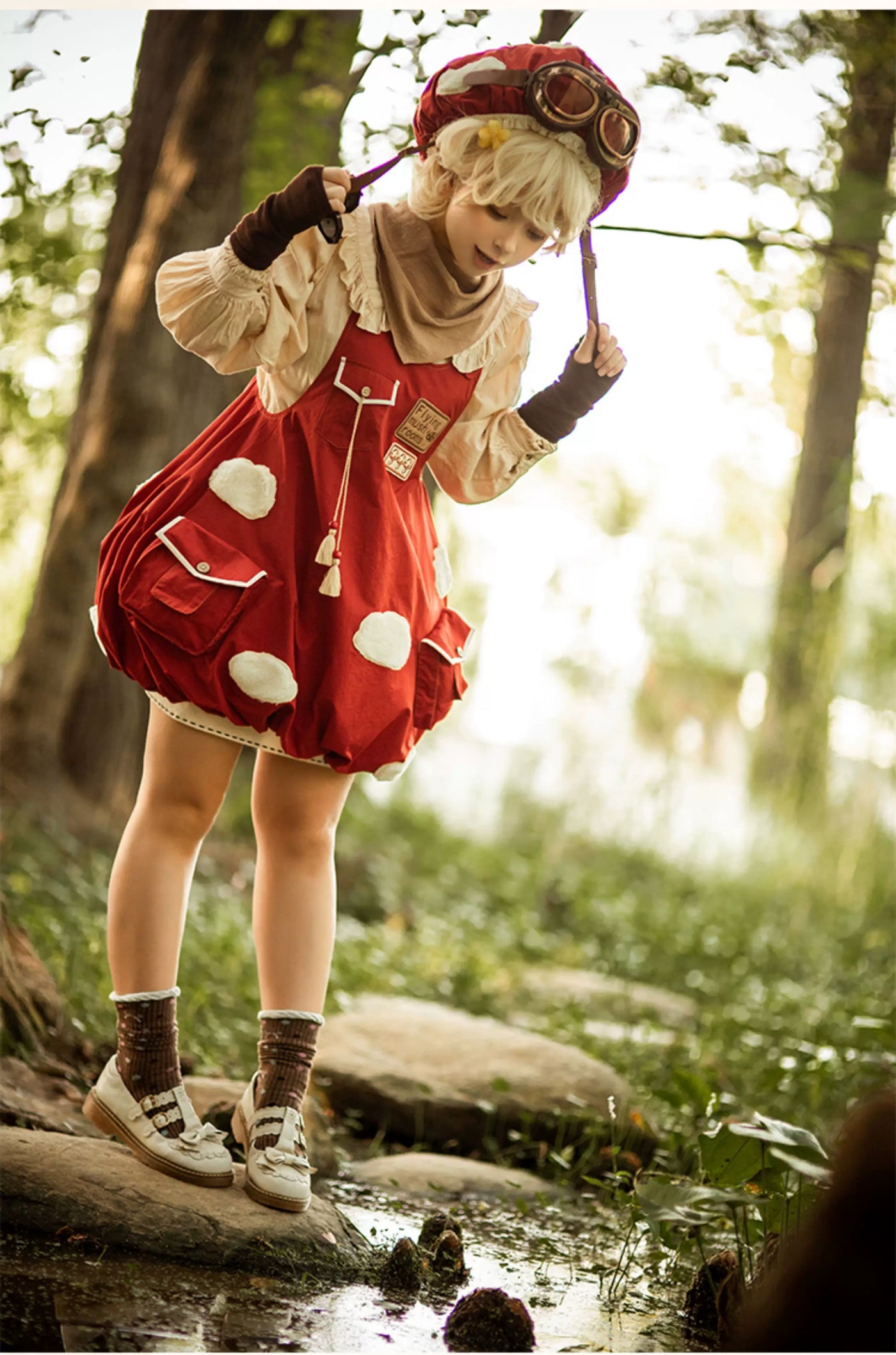 Baozi Pig - Flying Mushroom - Red JSK with white appliqué patches