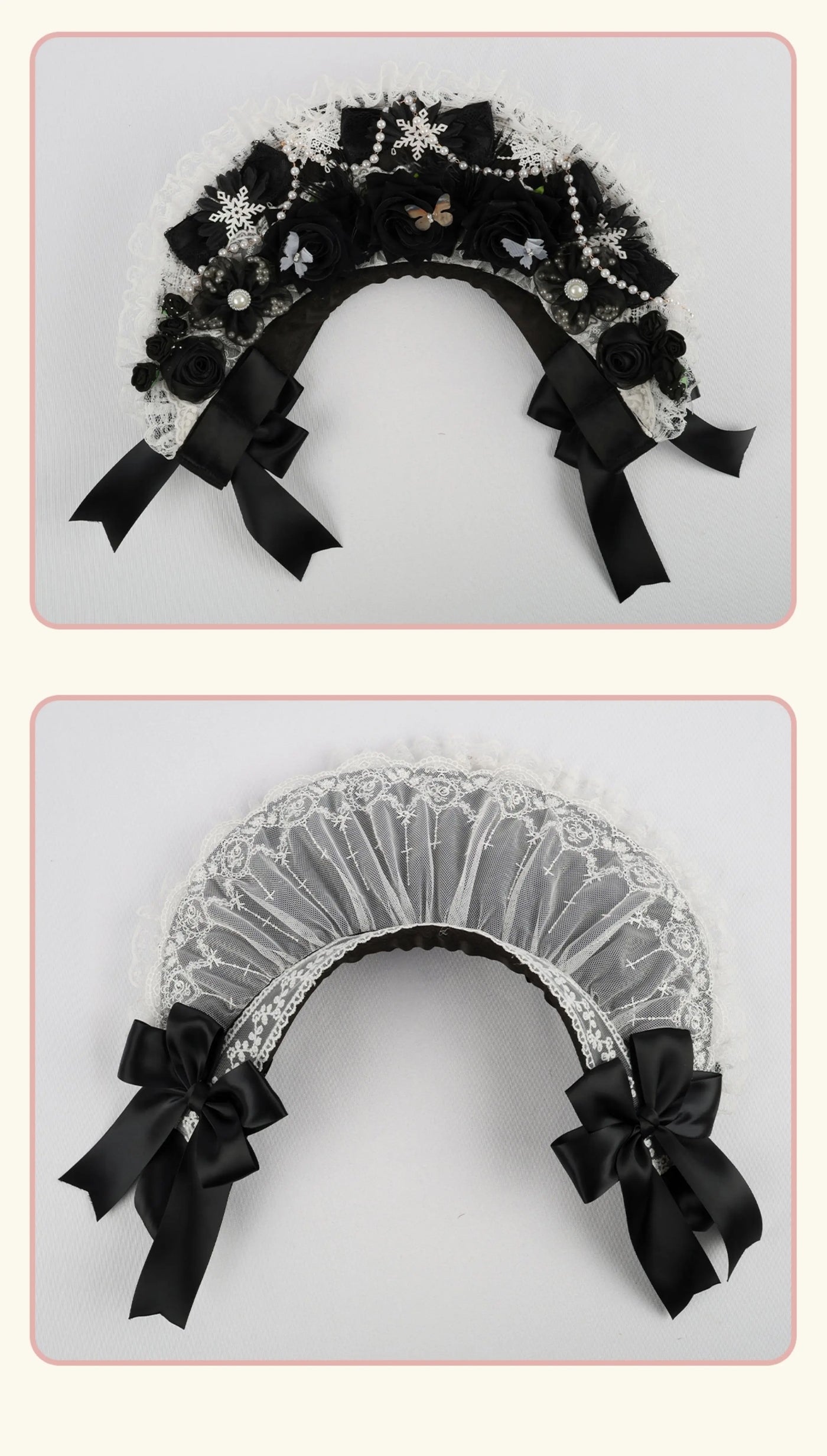 Stardust Rose - Autumn-Winter Dream - Lace-Trimmed Flat Hat with Ribbon Bows