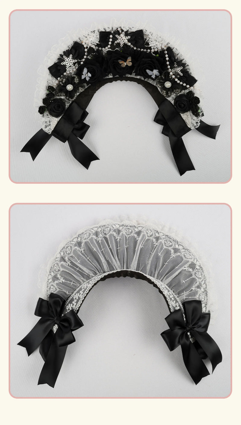 Stardust Rose - Autumn-Winter Dream - Lace-Trimmed Flat Hat with Ribbon Bows