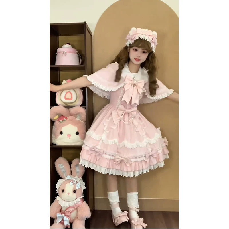 Creamy - Pink Cat Doll - JSK and Cape Set with Layered Ruffles