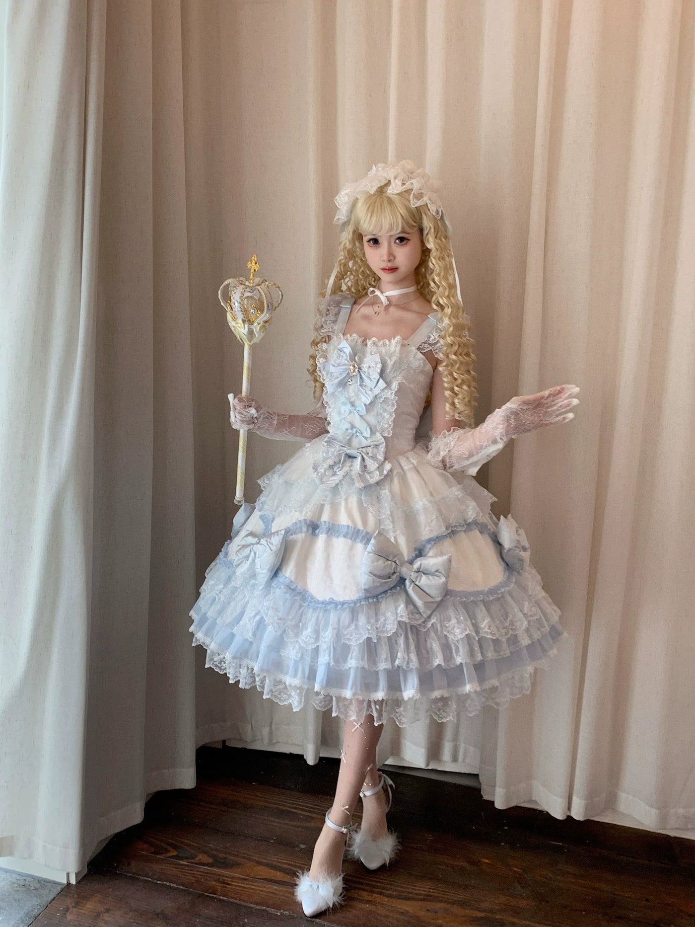 Floral Dream Isle - Sweet Lolita Doll-like JSK Dress, Bows & Lace White-blue JSK + Train S