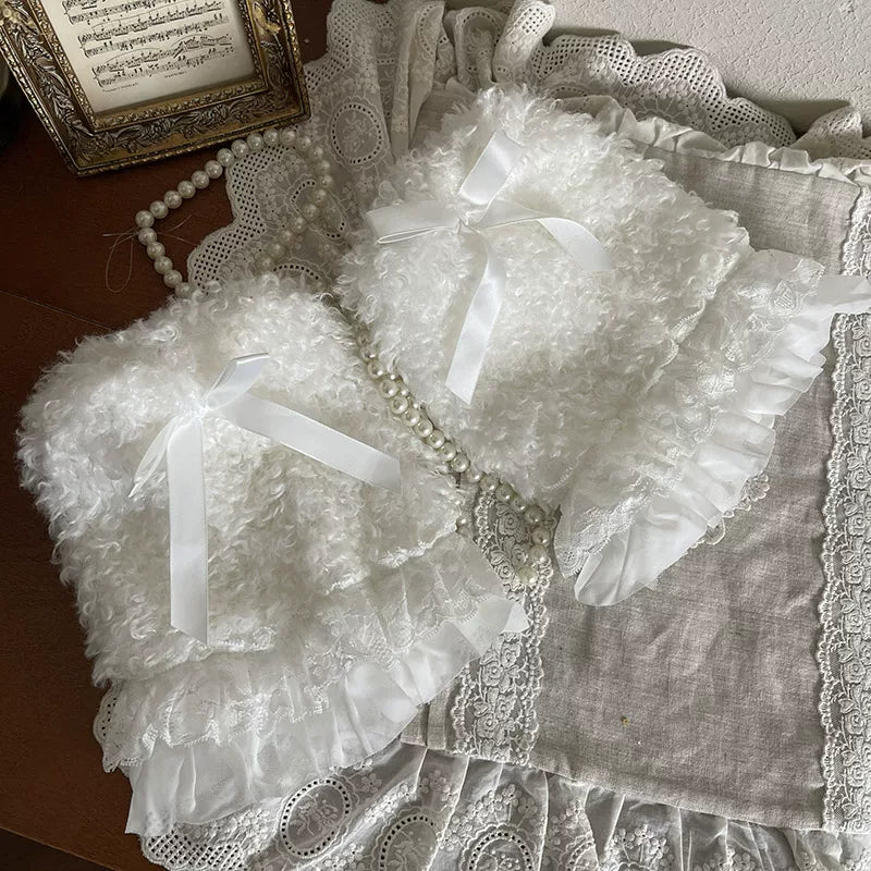 White ruffled sock covers with curly-fur trim styled with platform shoes