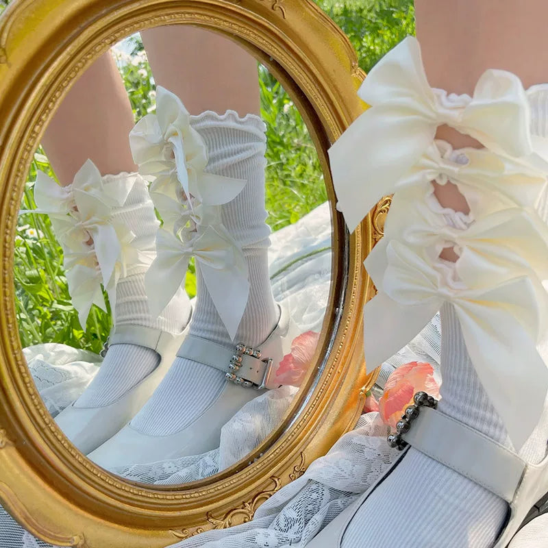 Sock Noble - Ribbon Cutout - Mid-Calf Slouch Socks with Ruffle Edges
