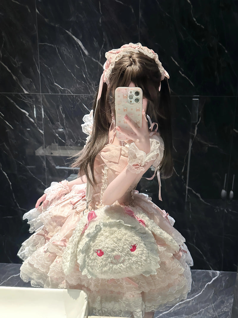 Creamy - Pink Bridal - Pink JSK Dress with Layered Lace and Bow Details