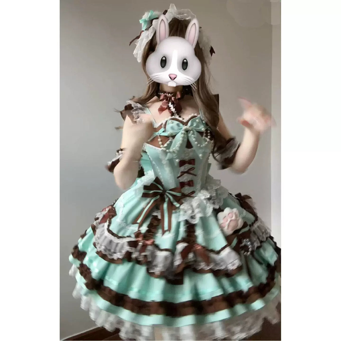 Creamy - Mint Chocolate - Mint-and-Chocolate JSK Dress Set with Ruffled Train