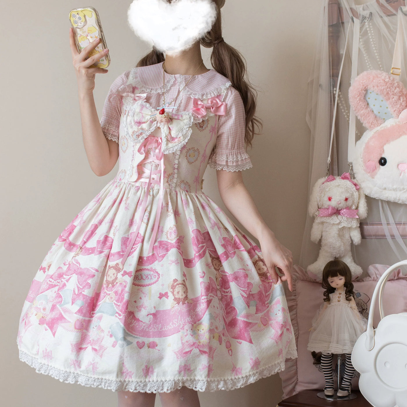 MIST - Kawaii Plaid - Lolita Blouse with Cat-Ear Peter Pan Collar and Lace Trim